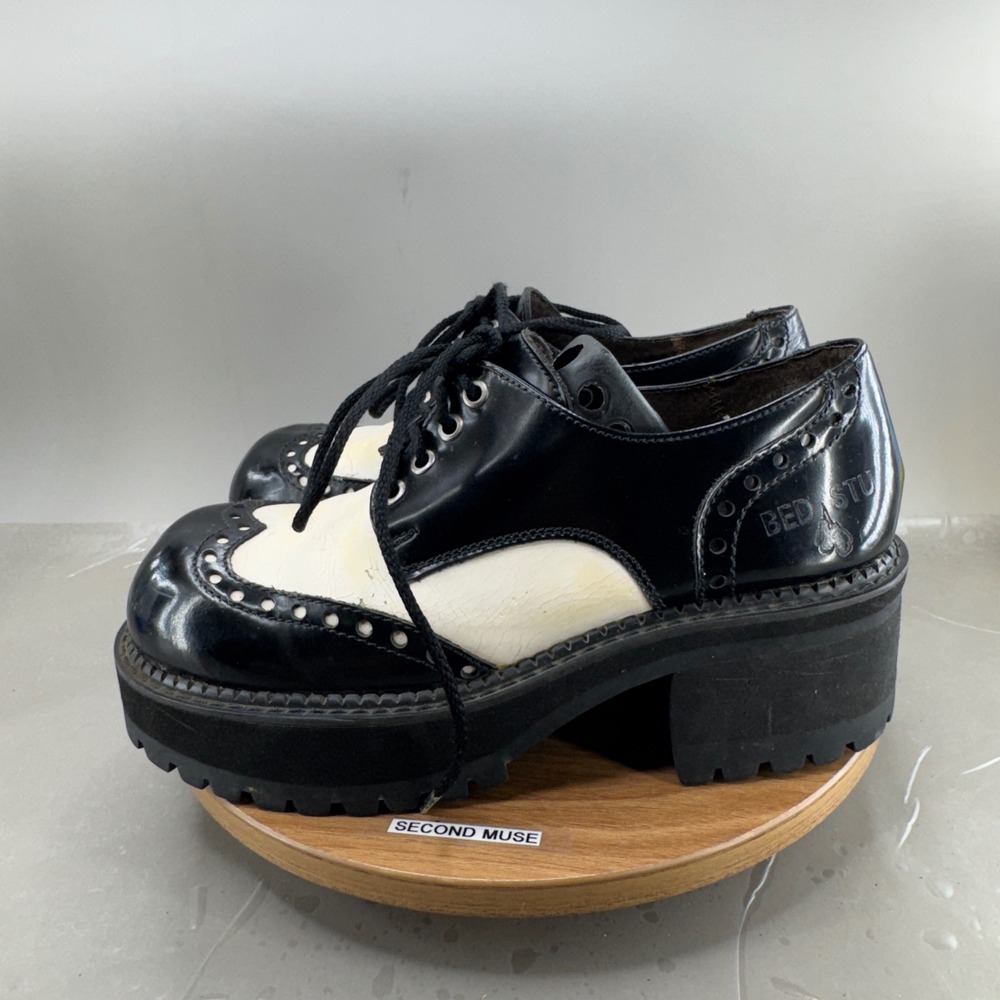 Bed Stu Platform Wingtip Oxfords 9.5 Black White Goth Grunge Chunky Lug Sole - Picture 3 of 15